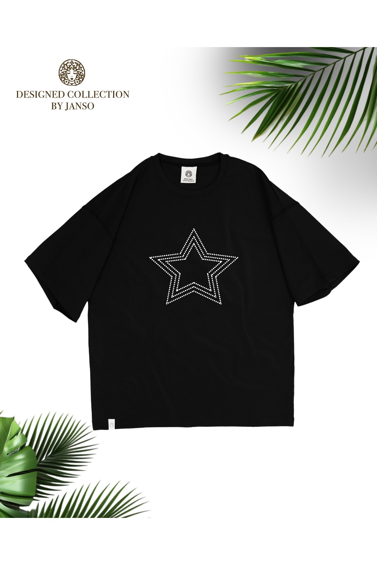 -KADIN KISA KOLLU STAR BASKILI TSHIRT BÜYÜK BEDEN OVERSIZE PAMUKLU KUMAŞ