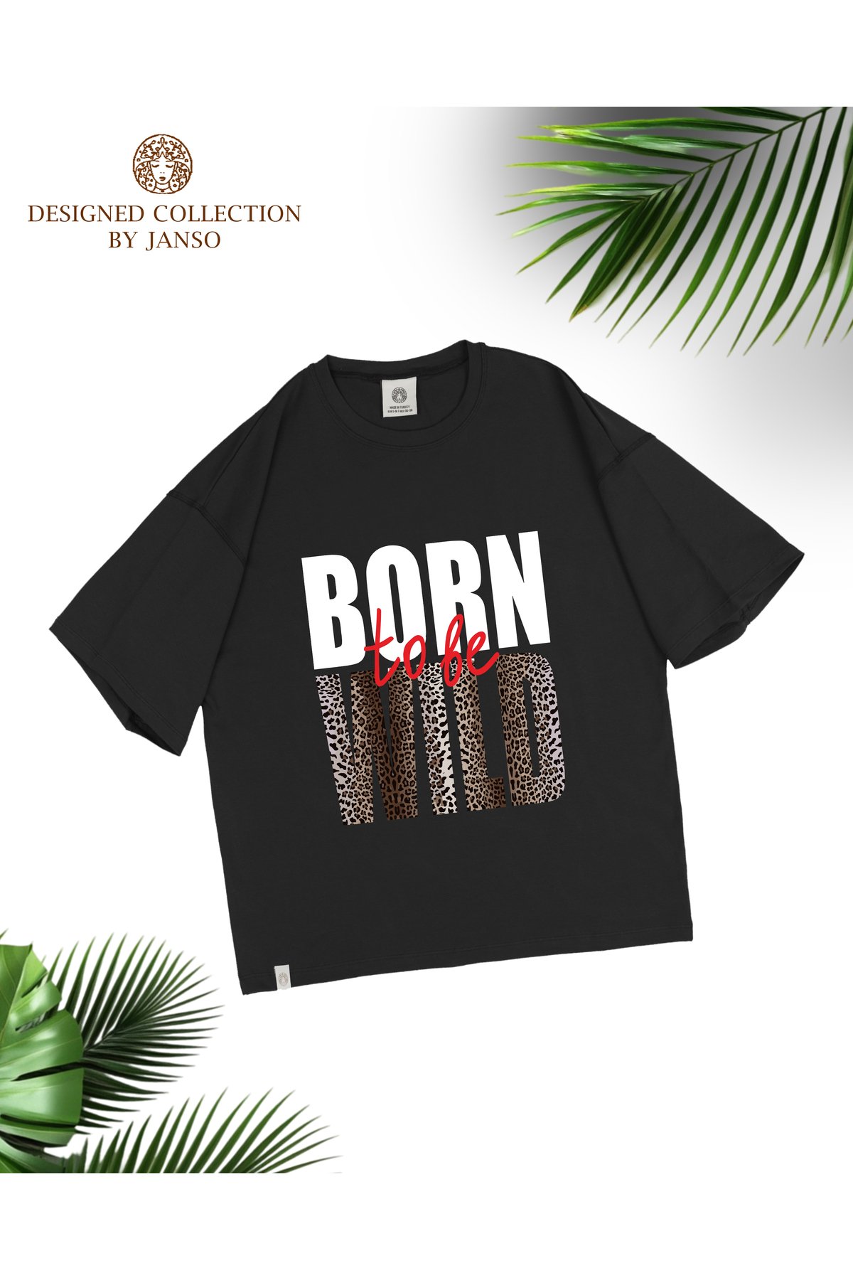 -KADIN BORN IN THE WILD BASKILI KISA KOLLU TSHIRT BÜYÜK BEDEN OVERSIZE PAMUKLU