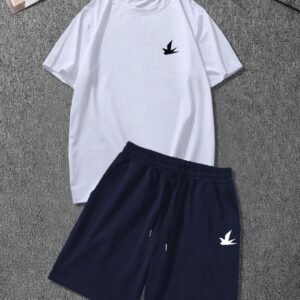 -ERKEK BASKILI Kuş Logolu KISA KOLLU TSHIRT-ŞORT TAKIMI 2 Lİ BÜYÜK BEDEN OVERSİZE