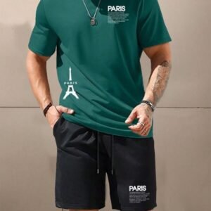 -KADIN BASKILI PARIS KISA KOLLU TSHIRT-ŞORT TAKIMI 2 Lİ BÜYÜK BEDEN OVERSİZE