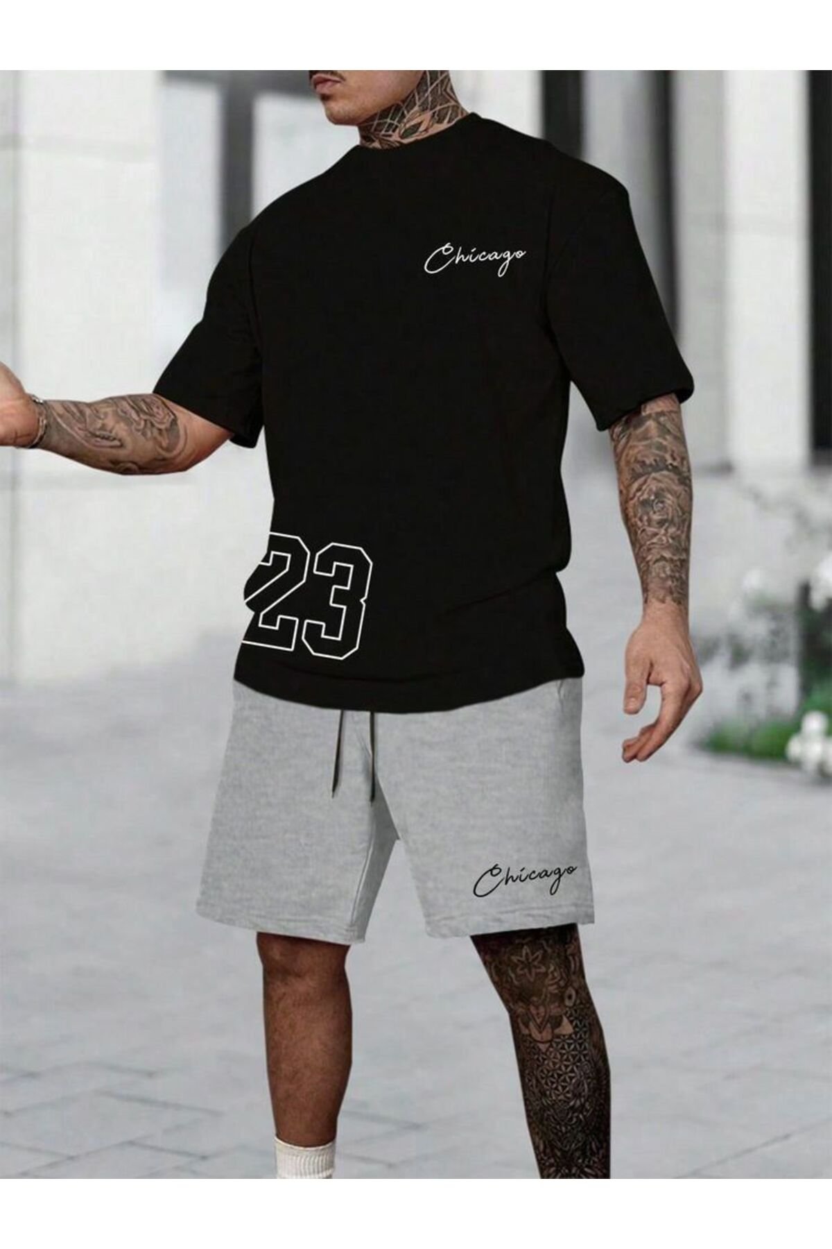 -KADIN BASKILI Chicago23 KISA KOLLU TSHIRT-ŞORT TAKIMI 2 Lİ BÜYÜK BEDEN OVERSİZE