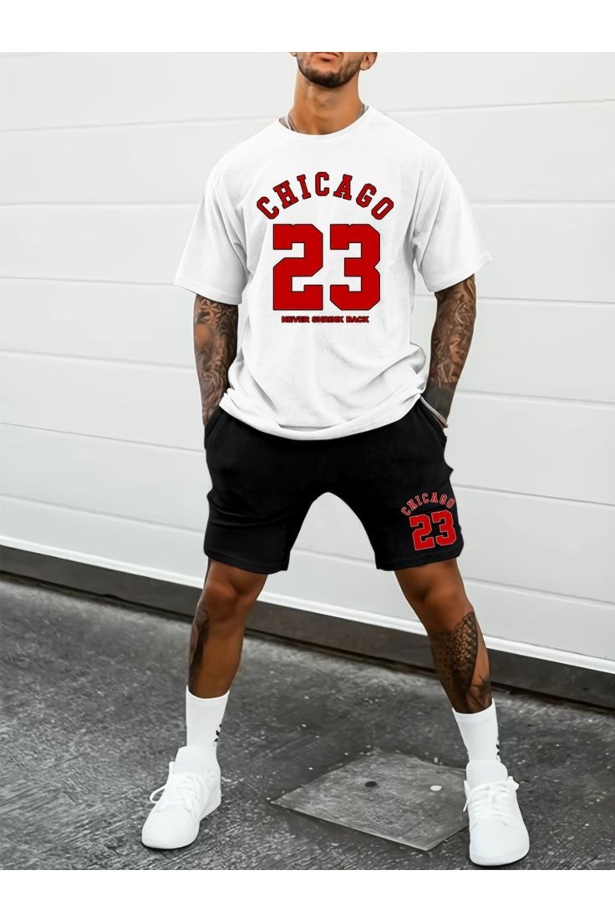 -KADIN BASKILI CHICAGO 23 KISA KOLLU TSHIRT-ŞORT TAKIMI 2 Lİ BÜYÜK BEDEN OVERSİZE