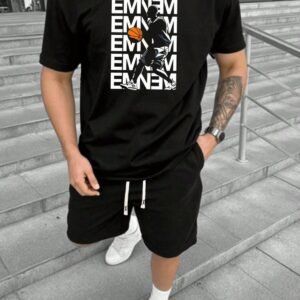 -KADIN BASKILI EMINEM KISA KOLLU TSHIRT-ŞORT TAKIMI 2 Lİ BÜYÜK BEDEN OVERSİZE