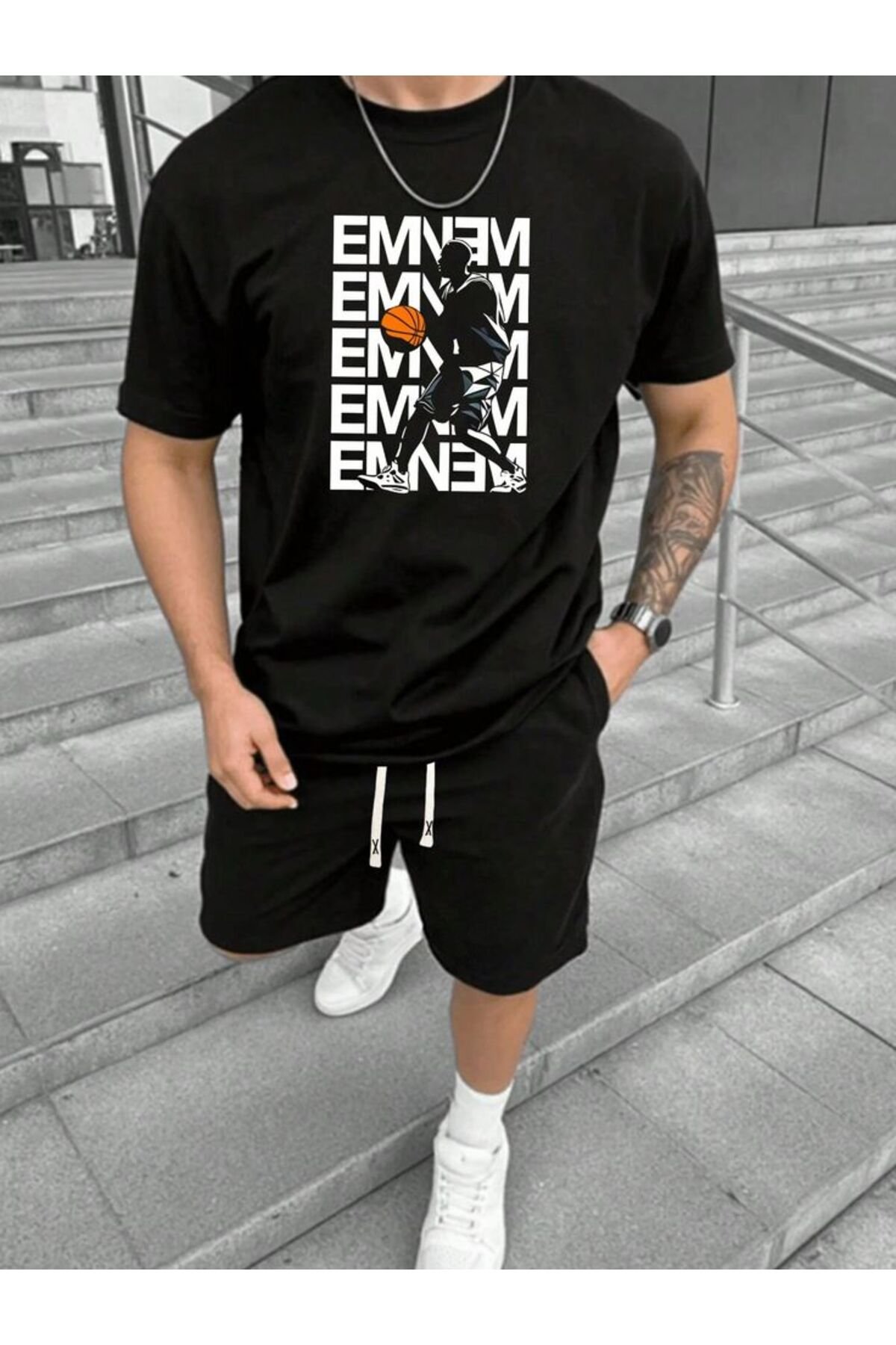 -KADIN BASKILI EMINEM KISA KOLLU TSHIRT-ŞORT TAKIMI 2 Lİ BÜYÜK BEDEN OVERSİZE