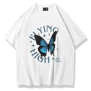 - KADIN KISA KOLLU TSHIRT MAVİ KELEBEK BASKILI PAMUKLU OVERSİZE