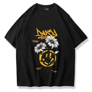 - KADIN KISA KOLLU TSHIRT DAISY BASKILI PAMUKLU OVERSİZE