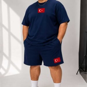 Erkek Oversize Türkiye Bayrak Baskılı Şortlu Takım 0 Pamuk Rahat Kalıp 2 Parça Günlük Kullanım Casual Streetwear L XL 2XL 3XL 4XL 5XL 6XL 7XL 8XL 9XL