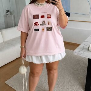 Kadın Büyük Beden Oversize Baskılı Tişört Bisiklet Yaka Kısa Kollu Basic Günlük Tişört