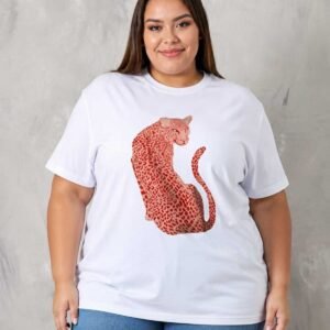 Kadın Büyük Beden Oversize Leopar Baskılı Tişört Bisiklet Yaka Kısa Kollu Basic Günlük Tişört