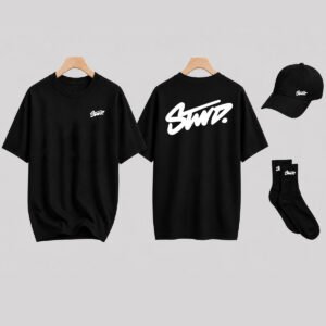 0 Pamuk 3'lü Unisex Set STWD Baskılı Oversize Tişört Şapka Çorap Kombini
