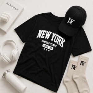 Büyük Beden Unisex Oversize New York Baskılı 3'lü Kombin Seti – Siyah Tişört, Siyah Şapka ve Krem Çorap 0 Pamuk