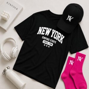 Büyük Beden Unisex Oversize New York Baskılı 3'lü Kombin Seti – Siyah Tişört, Bordo Şapka ve Beyaz Çorap 0 Pamuk