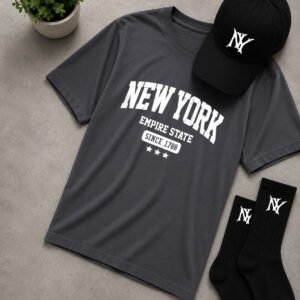Unisex Büyük Beden Oversize New York Baskılı Tişört, Şapka ve Çorap 3'lü Kombin Seti 0 Pamuk
