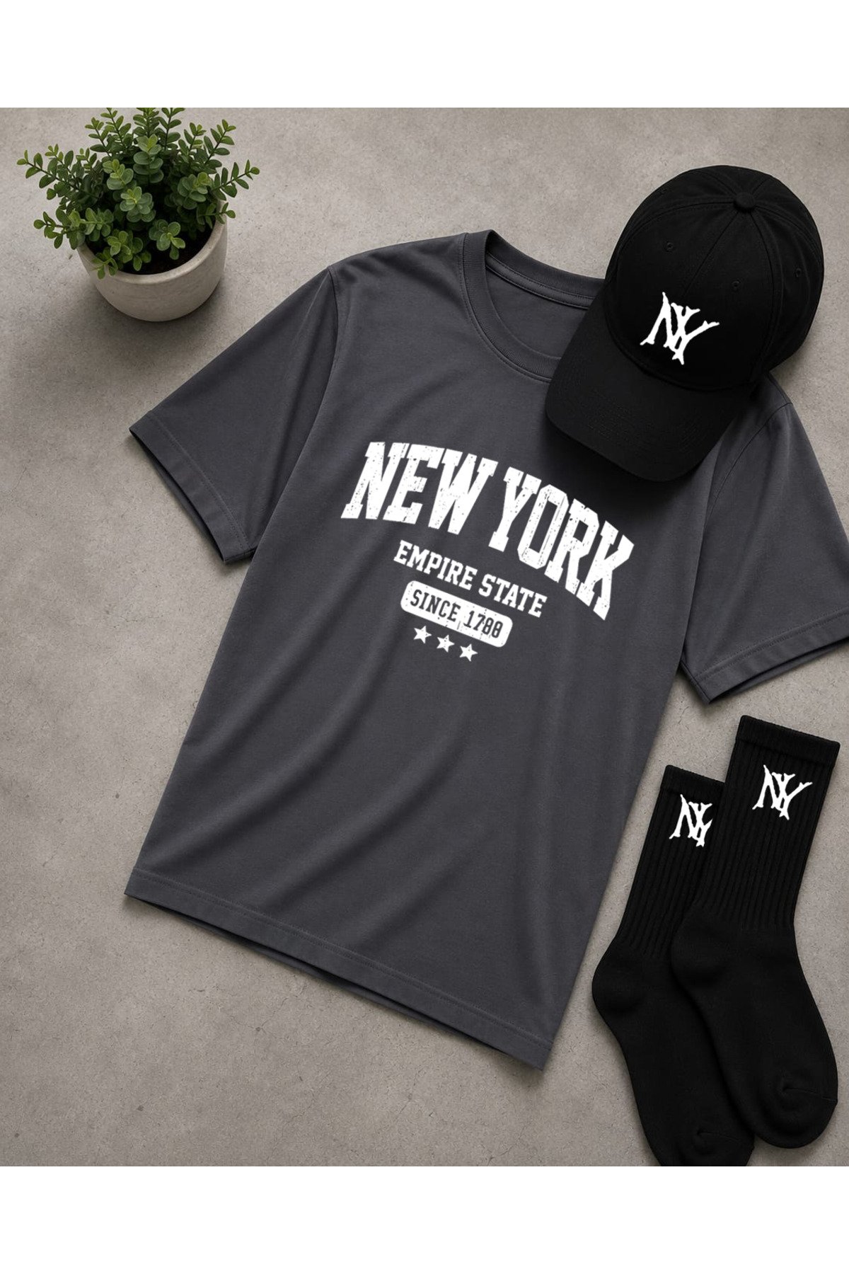Unisex Büyük Beden Oversize New York Baskılı Tişört, Şapka ve Çorap 3'lü Kombin Seti 0 Pamuk