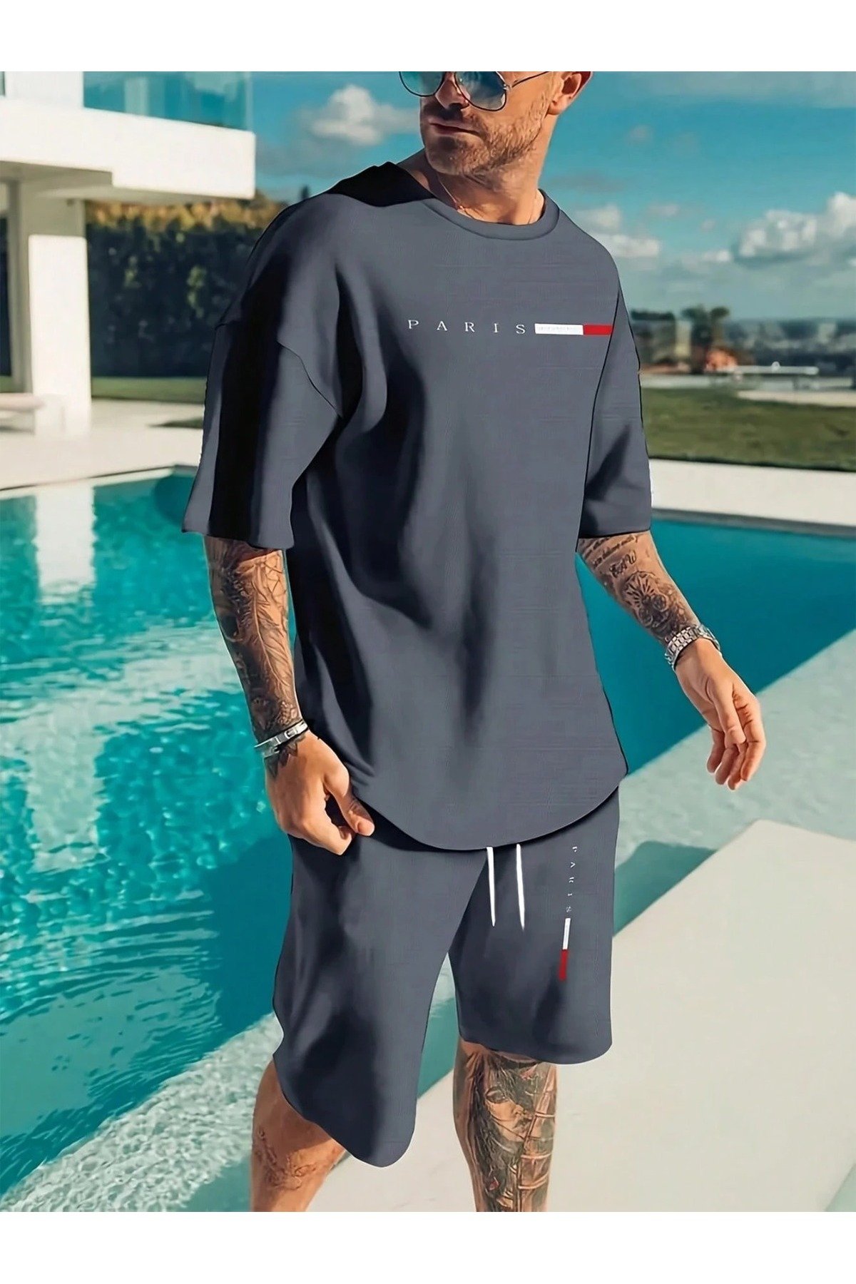 Erkek Oversize Baskılı Şort Takım 0 Pamuk Rahat Kalıp Günlük Stil - Image 4